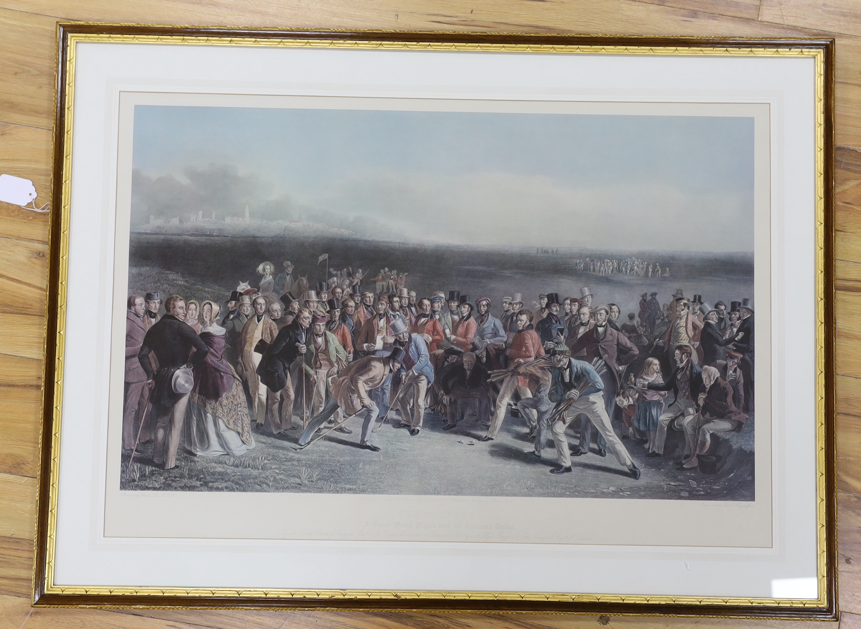 Charles Wagstaffe after Charles Lees R.A., colour print, 'The Golfers, A Grand Match played over St Andrew's, Lincs', Ackermanns label verso, 52 x 85.5cm